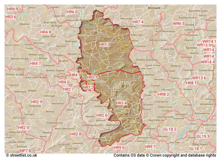 map showing postcode sectors within the HR1 district