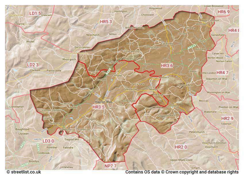 map showing postcode sectors within the HR3 district