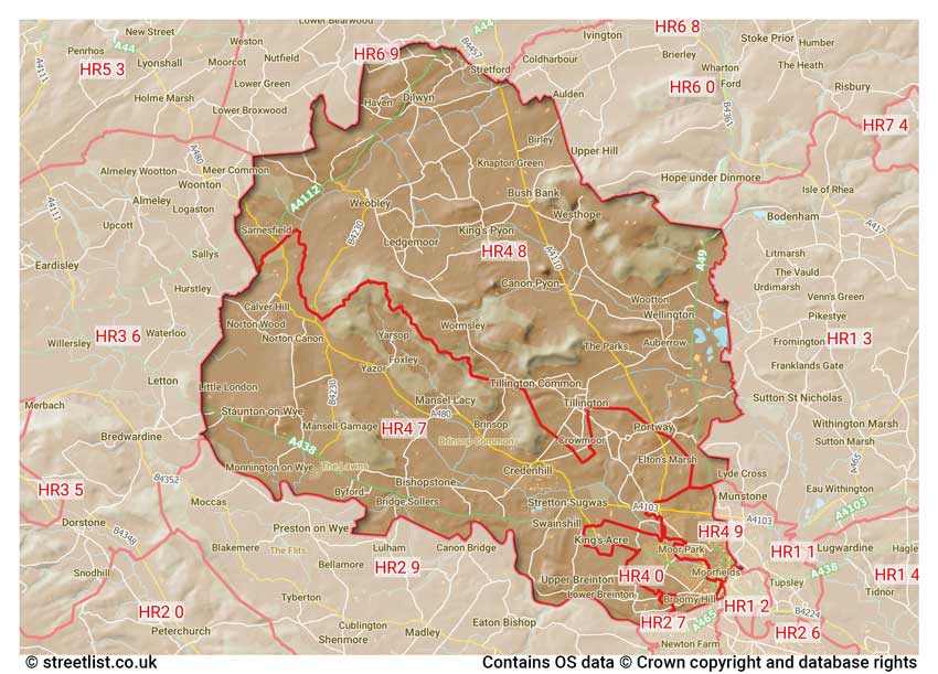 map showing postcode sectors within the HR4 district