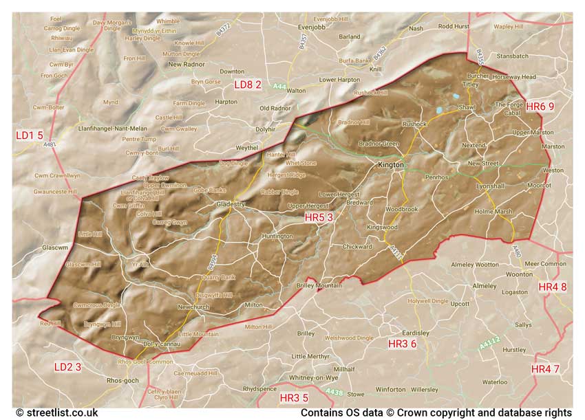 map showing postcode sectors within the HR5 district