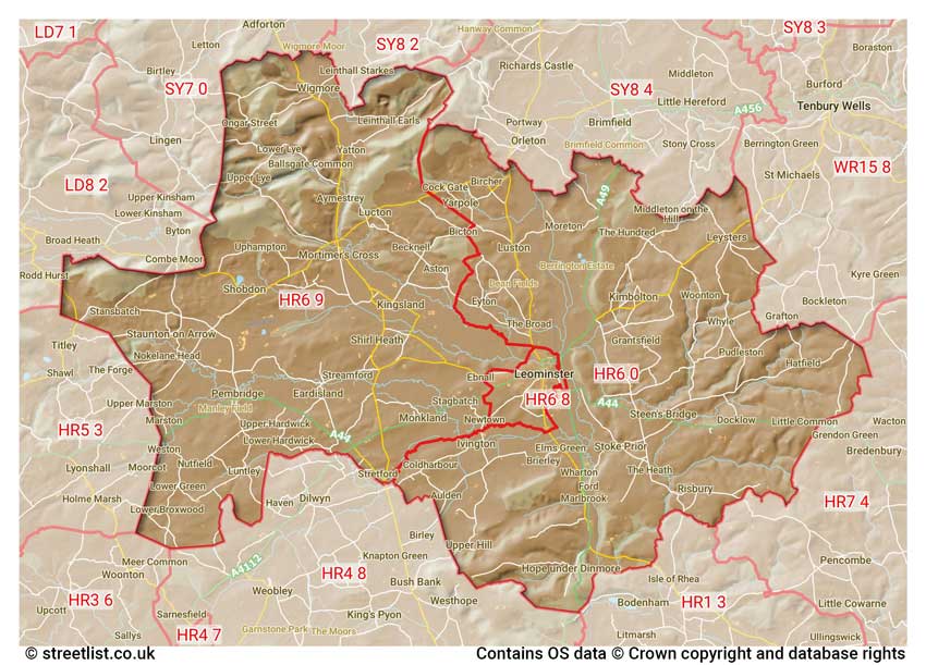 map showing postcode sectors within the HR6 district