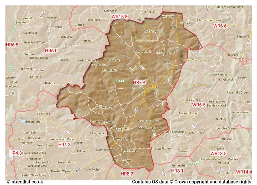 map showing postcode sectors within the HR7 district