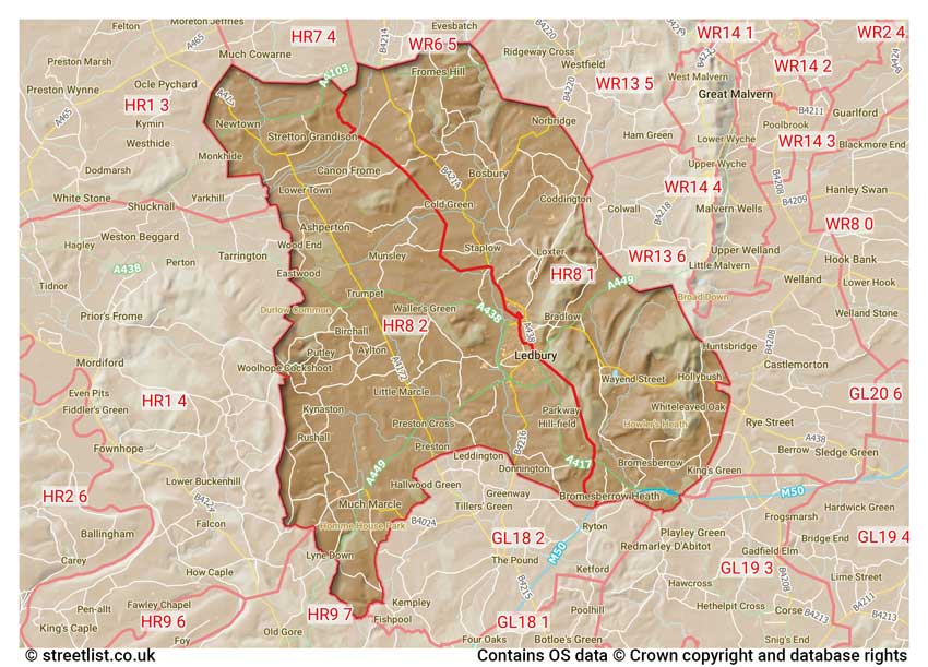 map showing postcode sectors within the HR8 district