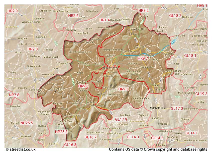 map showing postcode sectors within the HR9 district