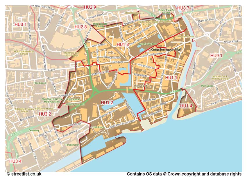 map showing postcode sectors within the HU1 district