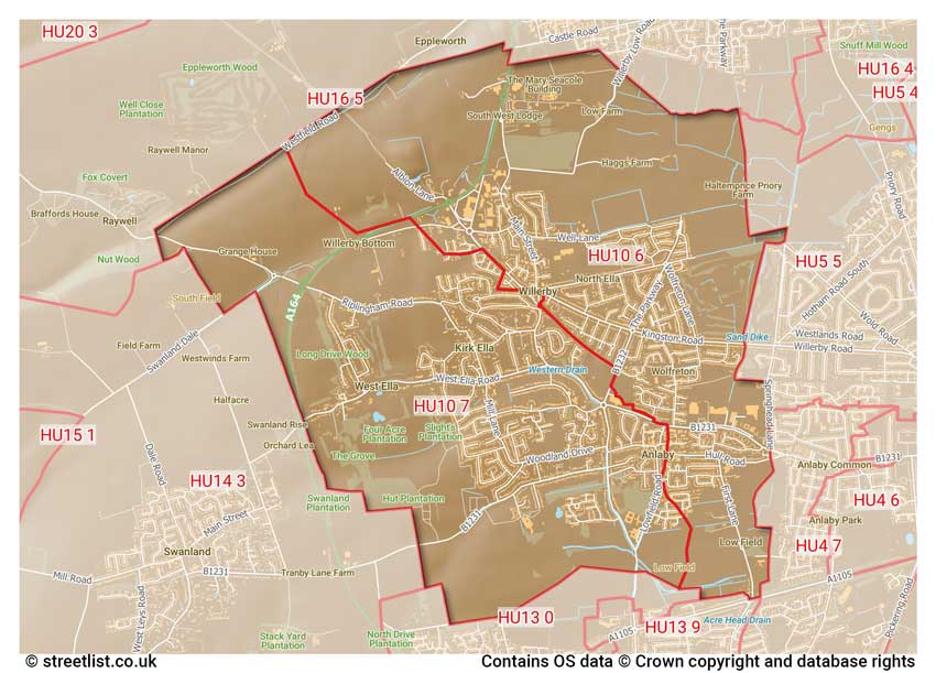 map showing postcode sectors within the HU10 district