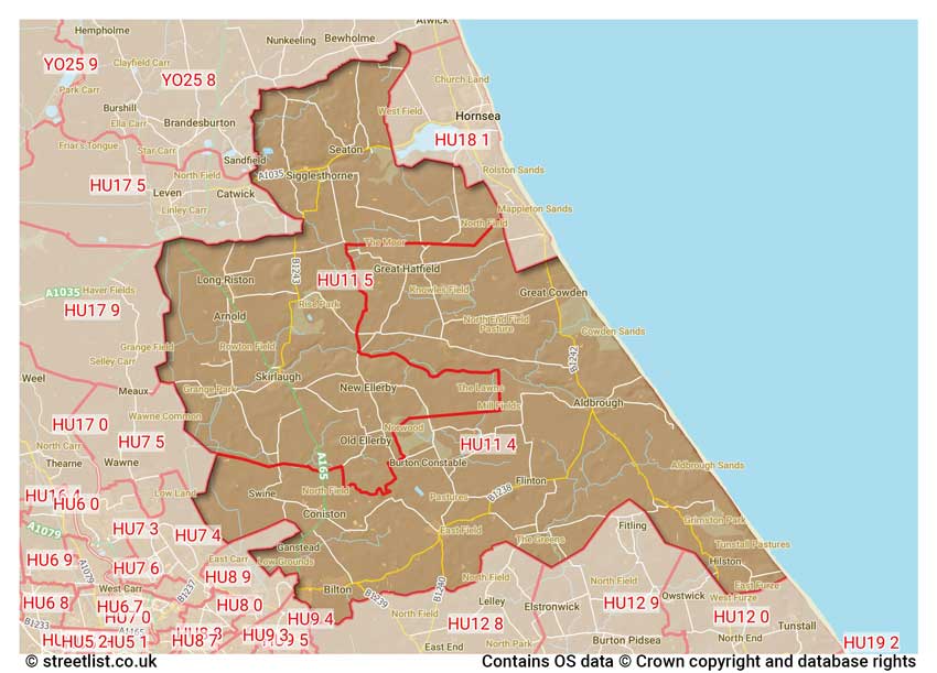 map showing postcode sectors within the HU11 district