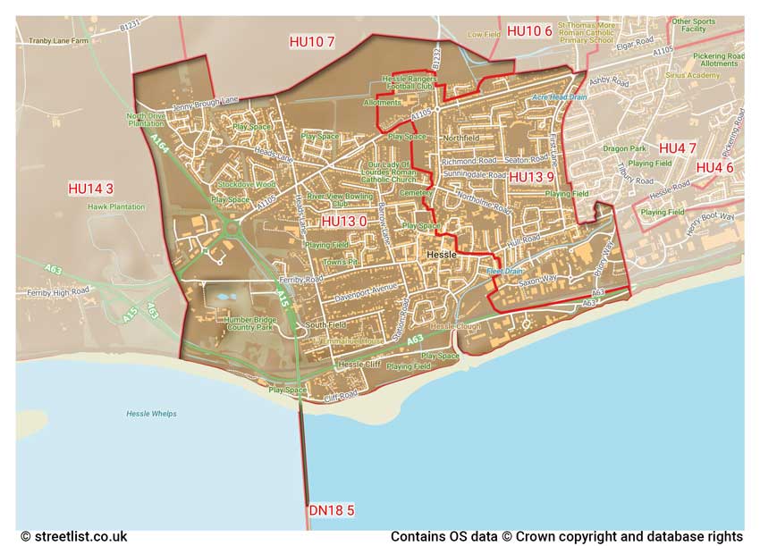 map showing postcode sectors within the HU13 district