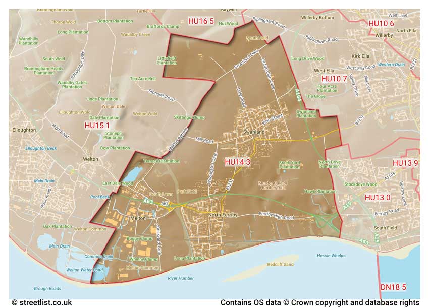 map showing postcode sectors within the HU14 district