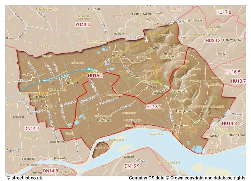 map showing postcode sectors within the HU15 district