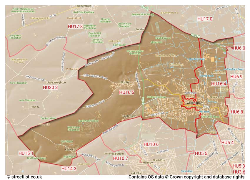 map showing postcode sectors within the HU16 district