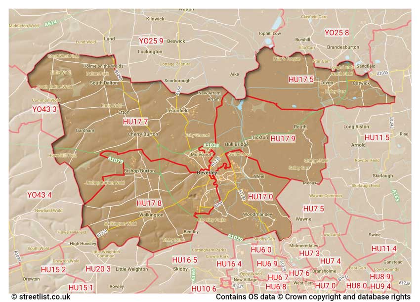 map showing postcode sectors within the HU17 district