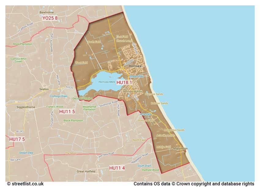 map showing postcode sectors within the HU18 district