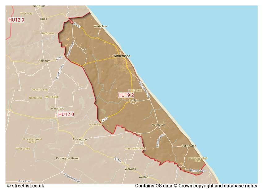 map showing postcode sectors within the HU19 district