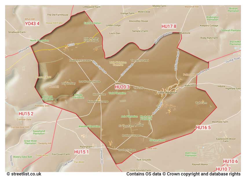 map showing postcode sectors within the HU20 district