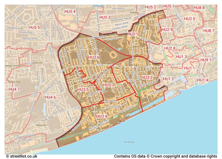 map showing postcode sectors within the HU3 district