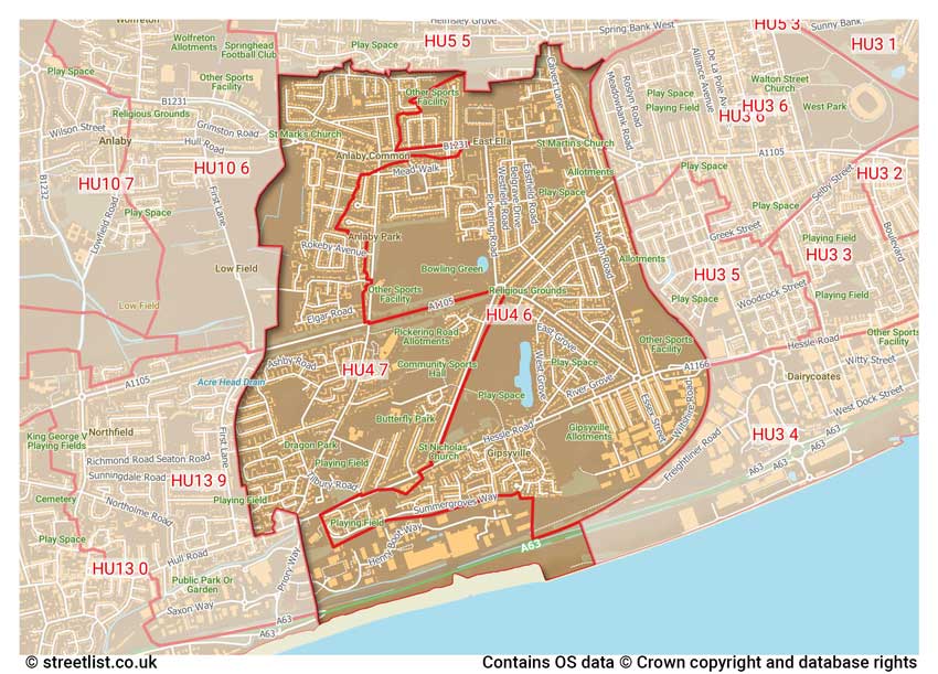 map showing postcode sectors within the HU4 district