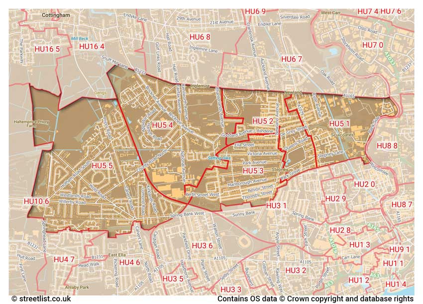 map showing postcode sectors within the HU5 district