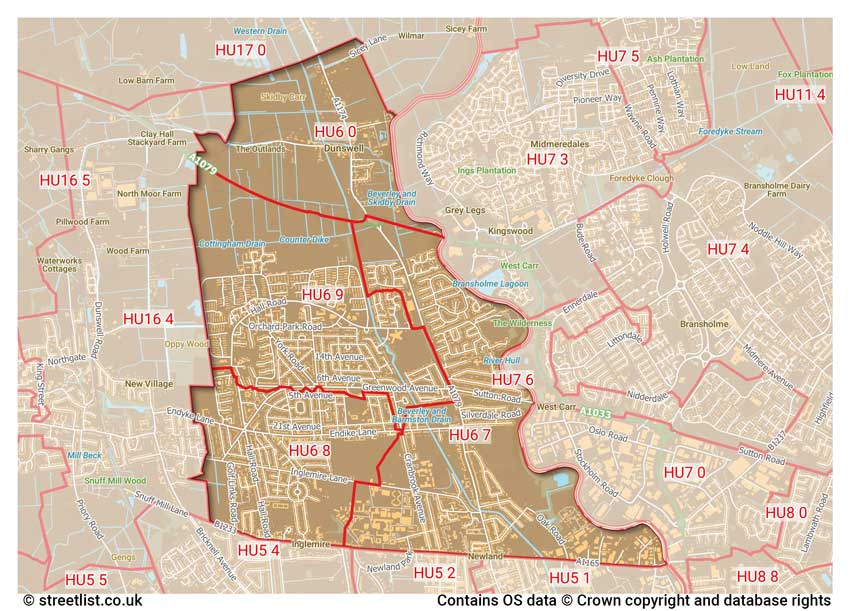 map showing postcode sectors within the HU6 district