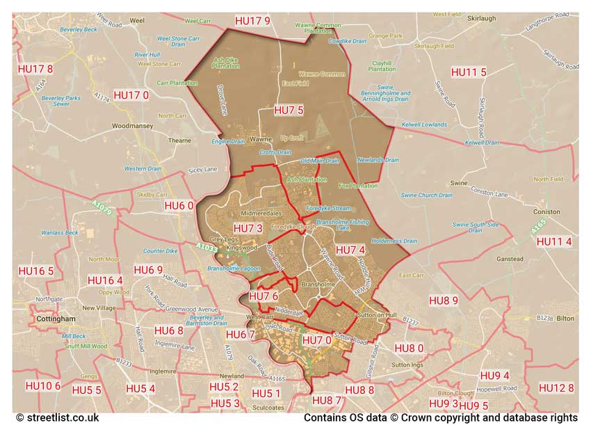 map showing postcode sectors within the HU7 district