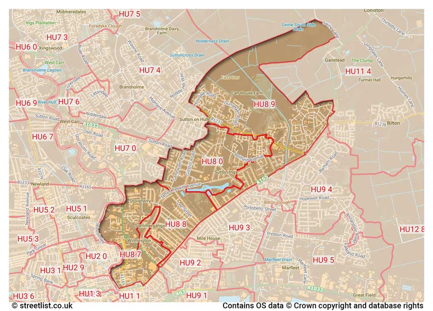 map showing postcode sectors within the HU8 district