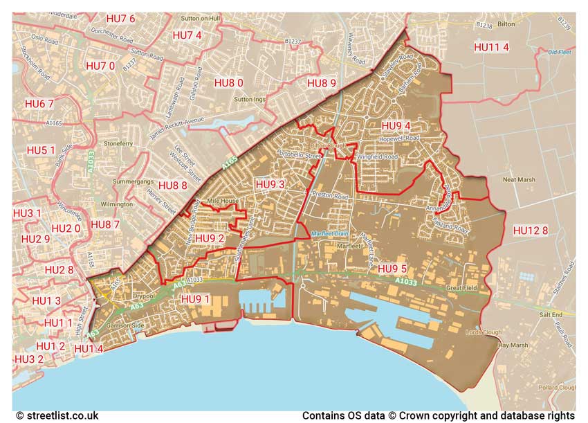 map showing postcode sectors within the HU9 district