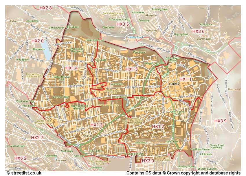 map showing postcode sectors within the HX1 district