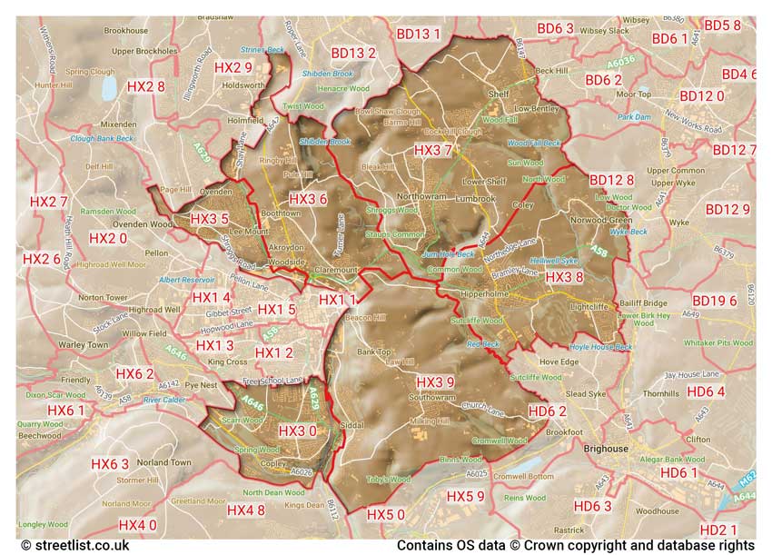 map showing postcode sectors within the HX3 district