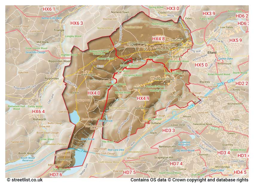 map showing postcode sectors within the HX4 district