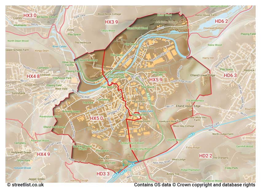 map showing postcode sectors within the HX5 district