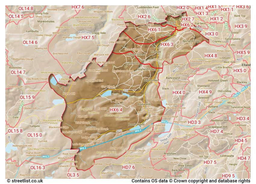 map showing postcode sectors within the HX6 district