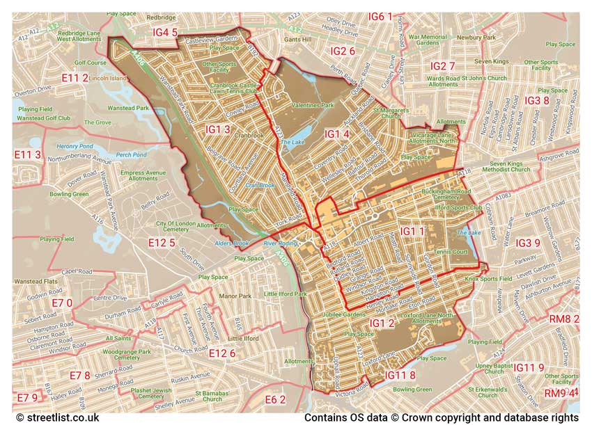 map showing postcode sectors within the IG1 district