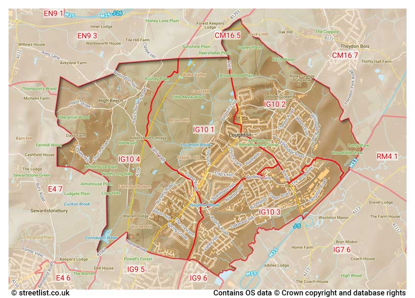 map showing postcode sectors within the IG10 district