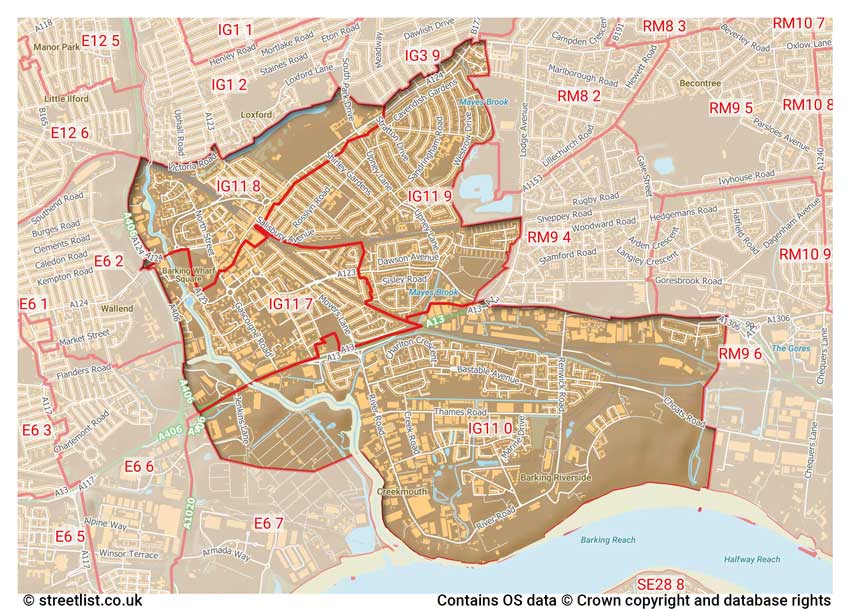 map showing postcode sectors within the IG11 district