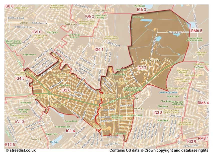 map showing postcode sectors within the IG2 district