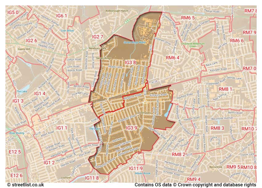 map showing postcode sectors within the IG3 district