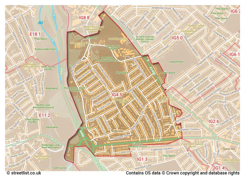 map showing postcode sectors within the IG4 district