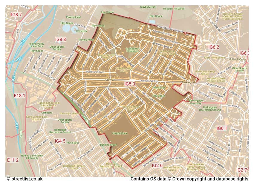 map showing postcode sectors within the IG5 district