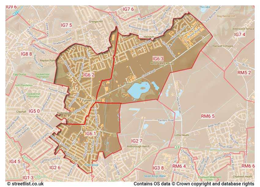 map showing postcode sectors within the IG6 district