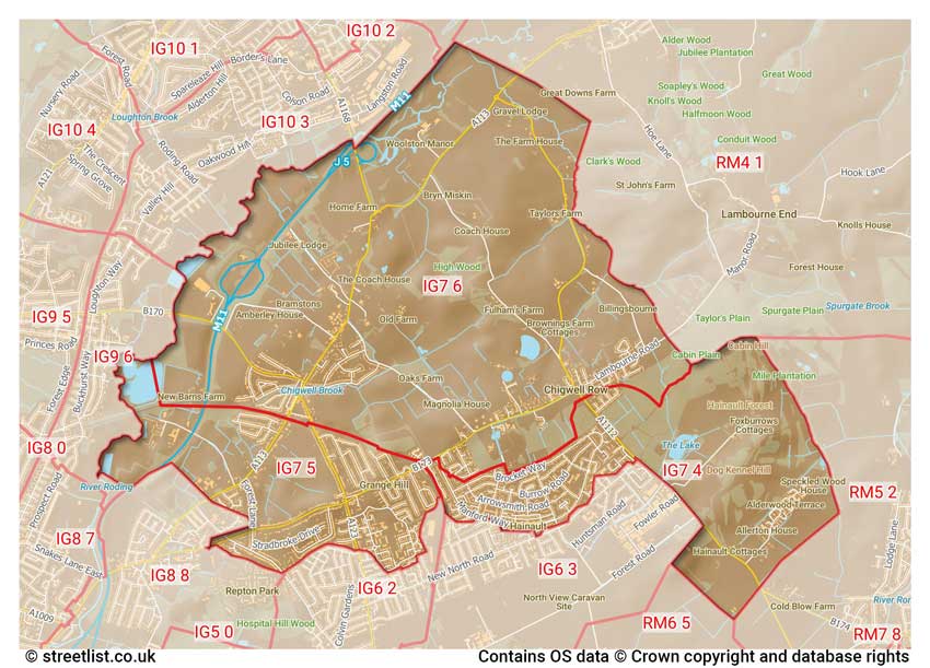 map showing postcode sectors within the IG7 district