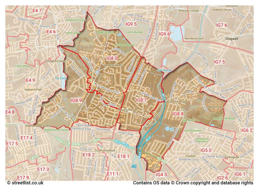 map showing postcode sectors within the IG8 district