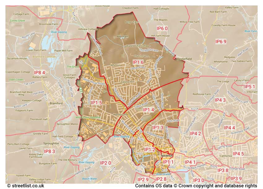 map showing postcode sectors within the IP1 district