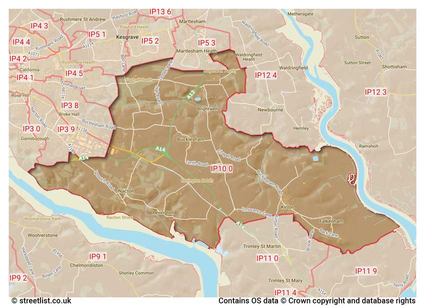 map showing postcode sectors within the IP10 district