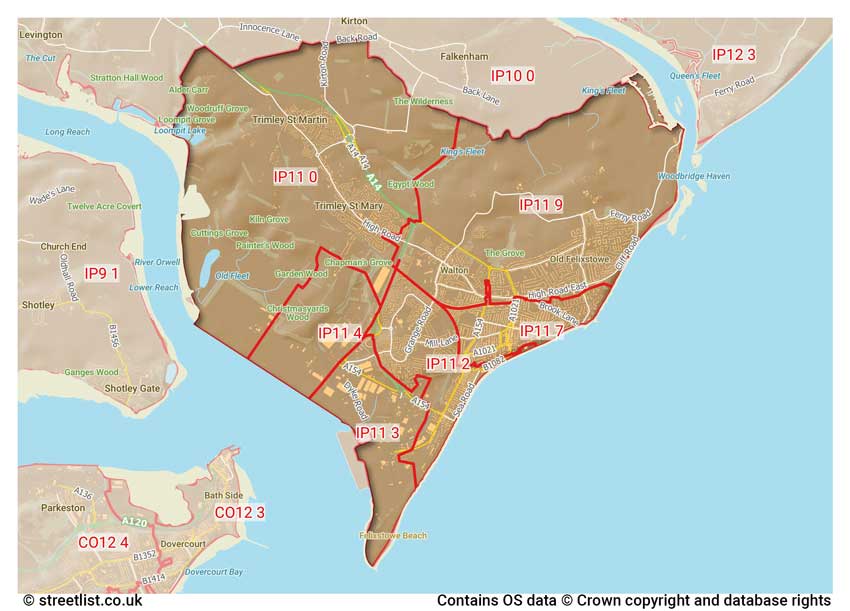 map showing postcode sectors within the IP11 district