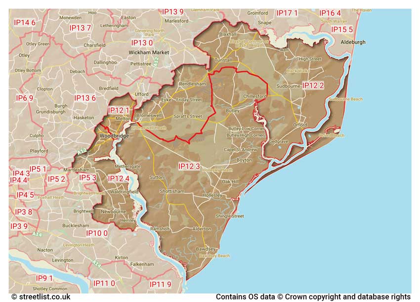 map showing postcode sectors within the IP12 district