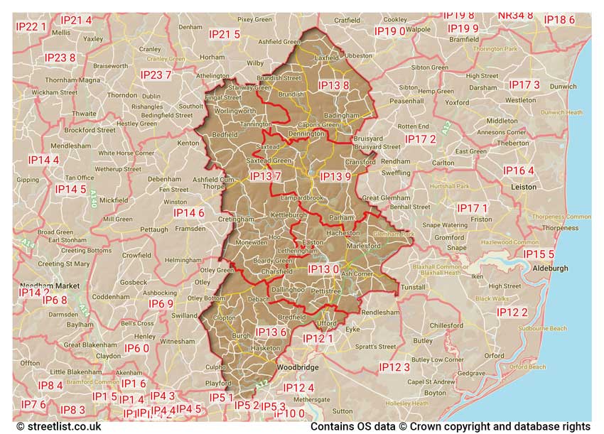 map showing postcode sectors within the IP13 district