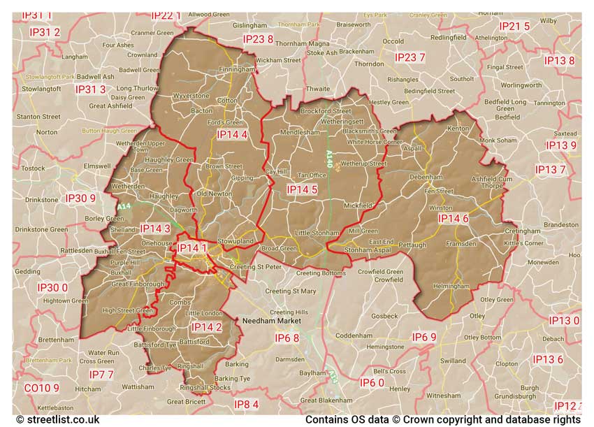 map showing postcode sectors within the IP14 district