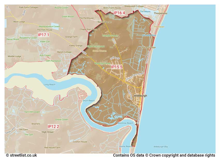 map showing postcode sectors within the IP15 district