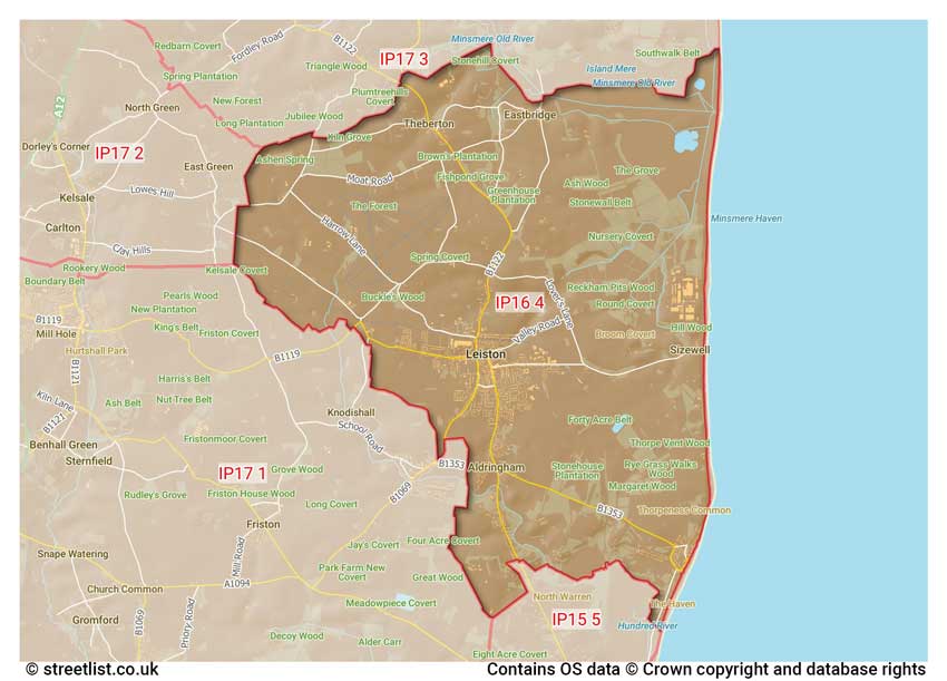 map showing postcode sectors within the IP16 district