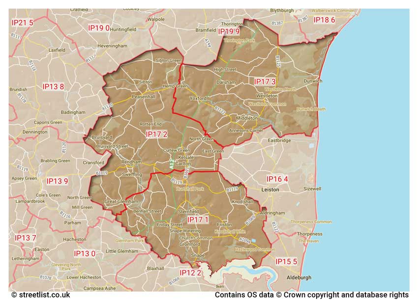 map showing postcode sectors within the IP17 district